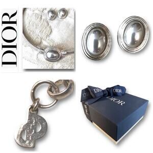 Christian Dior VTG 80s Silver Tone Choker & Earrings Set with Dior Gift Box